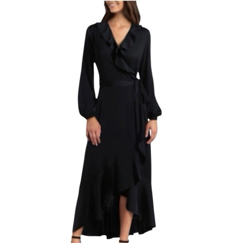 Gigi Parker Wrap Dress Sz‎ S Black Maxi Formal Event Party Ruffles Prom New